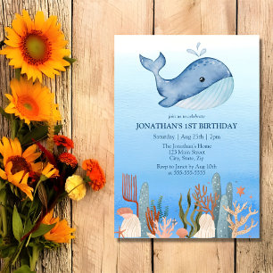 Cute Whale Blue Sea Coral Reef 1st Birthday  Invitation