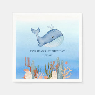Cute Whale Blue Sea Coral Reef Birthday Napkin