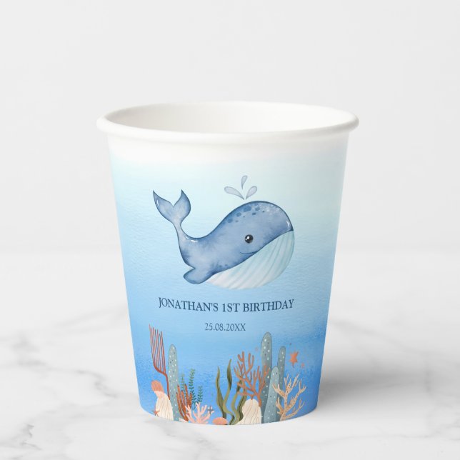  Cute Whale Blue Sea Coral Reef Birthday  Paper Cups (Front)