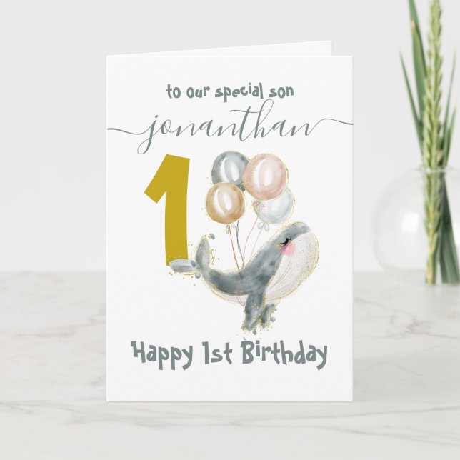 cute whale boy 1st birthday card (Front)