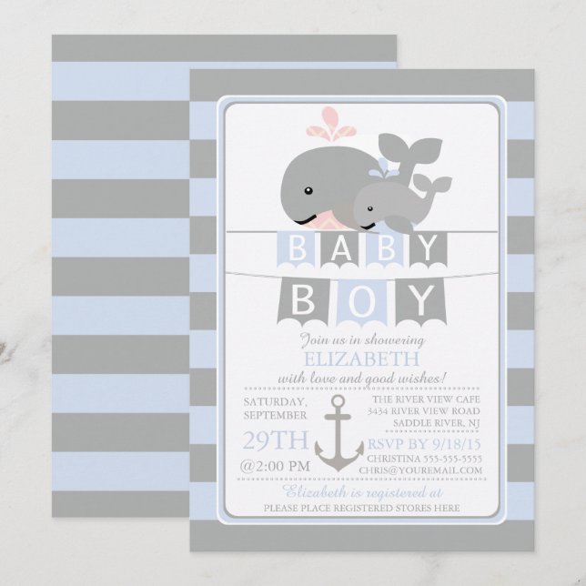 Cute whale Boy Baby Shower Invitation (Front/Back)