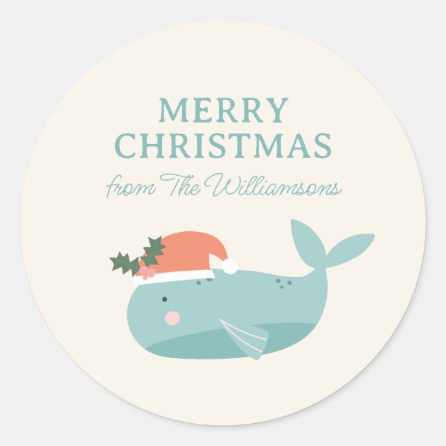 Cute Whale Christmas Holiday Personalized  Classic Round Sticker (Front)