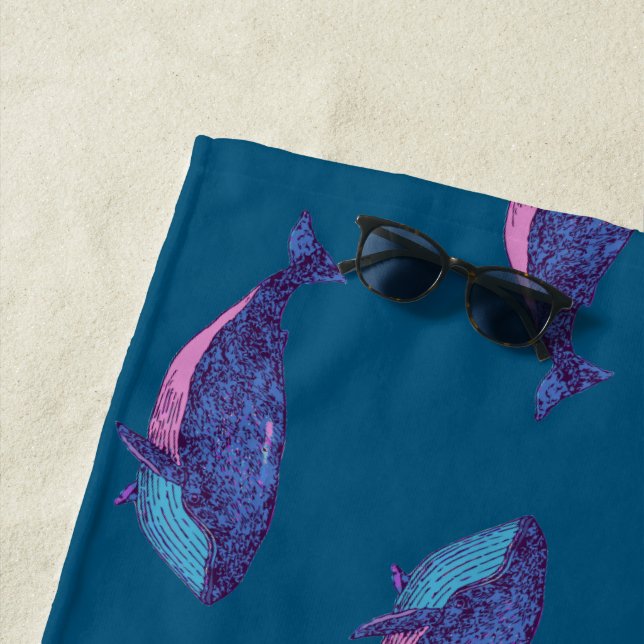Cute Whale Drawing Pattern in Ocean Blue Beach Towel (In Situ)