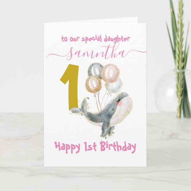 cute whale girl 1st birthday card (Front)