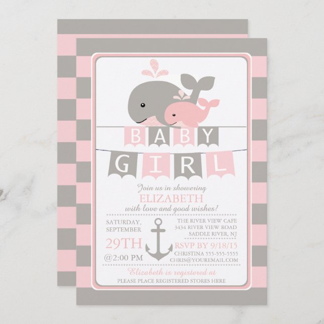 Cute whale Girl Baby Shower Invitation (Front/Back)