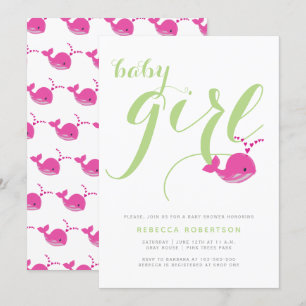 Cute whale green typography baby girl shower invitation