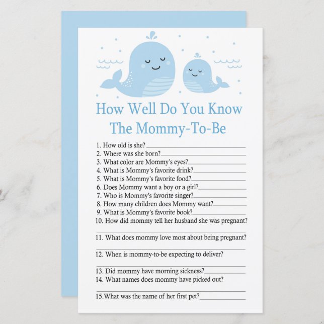 Cute Whale How well do you know baby shower game (Front/Back)