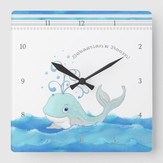 Cute Whale in Ocean Cartoon Character Little Boy Square Wall Clock (Front)
