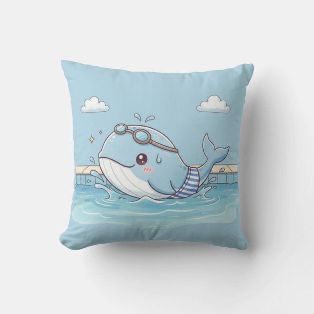 Cute Whale Kids Swimming Design Cushion (Front)