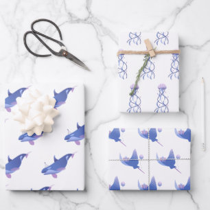 Cute Whale, Manta Ray And Jellyfish Birthday Wrapping Paper Sheet