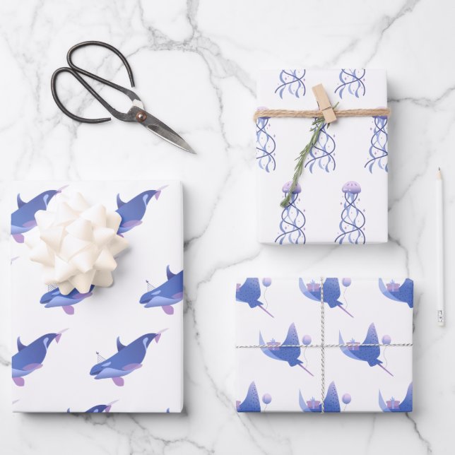 Cute Whale, Manta Ray And Jellyfish Birthday Wrapping Paper Sheet (Front)