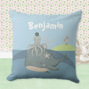 Cute Whale Octopus Seagull Kids Name Throw Pillow