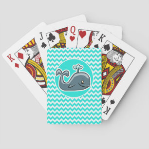 Cute Whale on Turquoise, Aqua Color Chevron Playing Cards