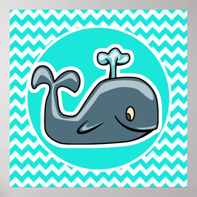 Cute Whale on Turquoise, Aqua Colour Chevron Poster (Front)