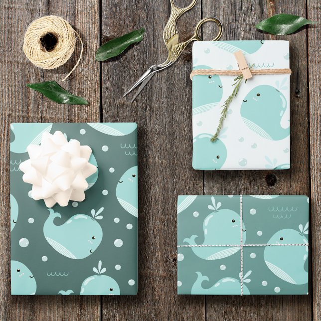 Cute Whale Pattern on Teal Blue Kids Birthday Wrapping Paper Sheet (Creator Uploaded)