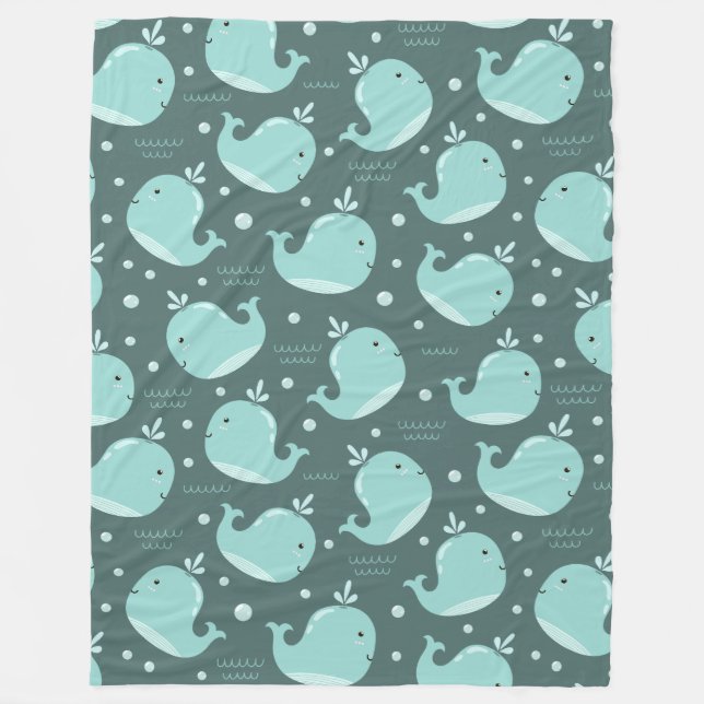 Cute Whale Pattern on Teal Blue Kids Fleece Blanket (Front)