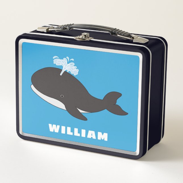 Cute Whale Personalised Custom Name Back To School Metal Lunch Box (Front)