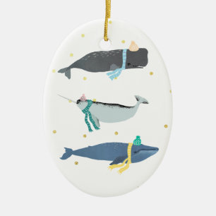 Cute Whale Scarves Winter Christmas Illustration Ceramic Tree Decoration