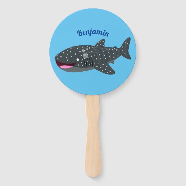 Cute whale shark happy cartoon illustration hand fan (Front)