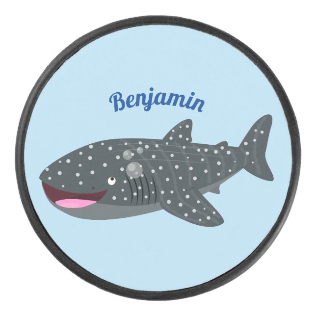 Cute whale shark happy cartoon illustration hockey puck (Front)