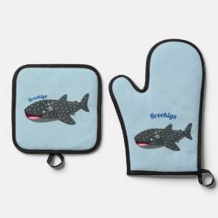 Cute whale shark happy cartoon illustration oven mitt & pot holder set