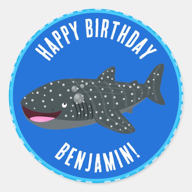 Cute whale shark personalised happy birthday  classic round sticker (Front)