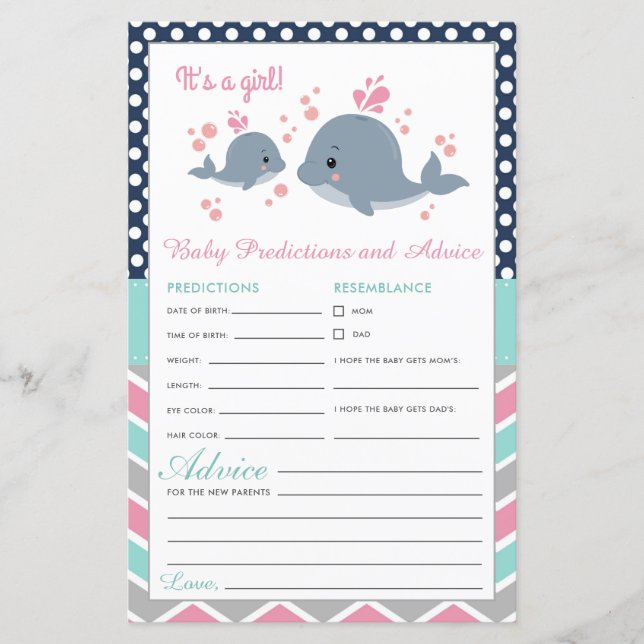 Cute Whale Shower Baby Predictions and Advice Card (Front)