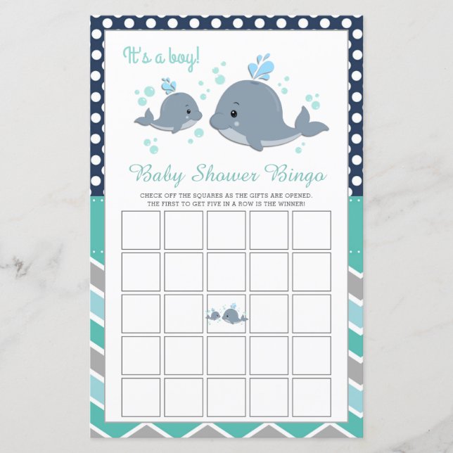 Cute Whale Shower Baby Shower Bingo Game Card (Front)