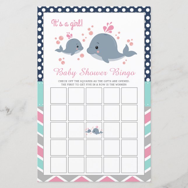 Cute Whale Shower Baby Shower Bingo Game Card Girl (Front)