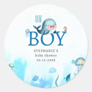 Cute Whale Under Sea Watercolor Boy Baby Shower Classic Round Sticker