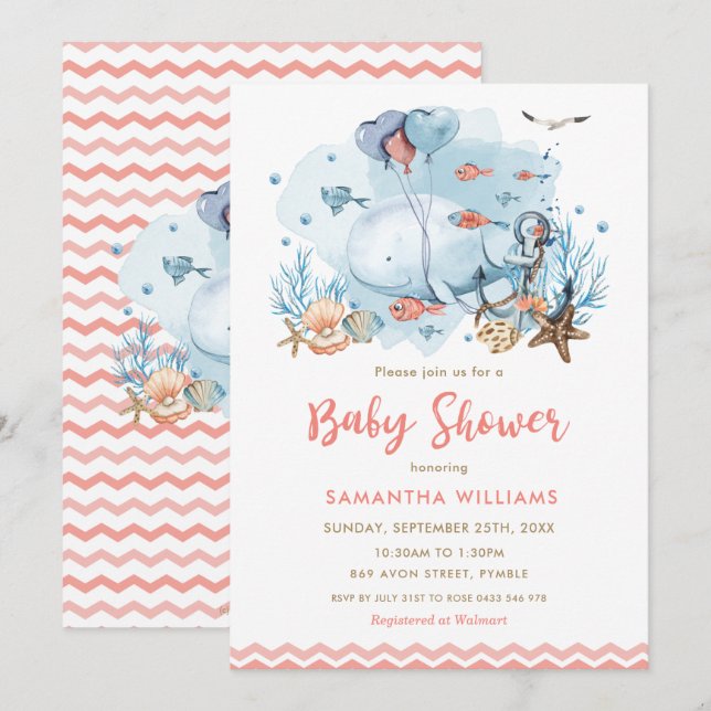Cute Whale Under the Sea Coral Girl Baby Shower Invitation (Front/Back)