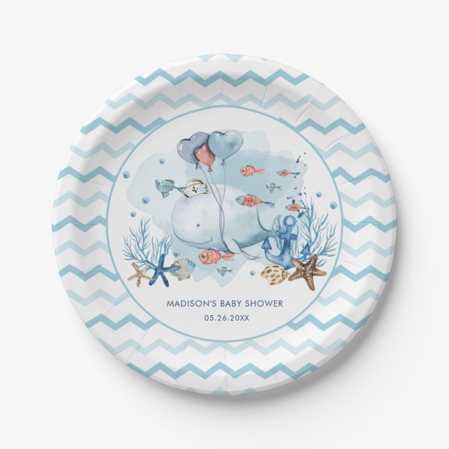 Cute Whale Under the Sea Nautical Boy Baby Shower Paper Plate (Front)