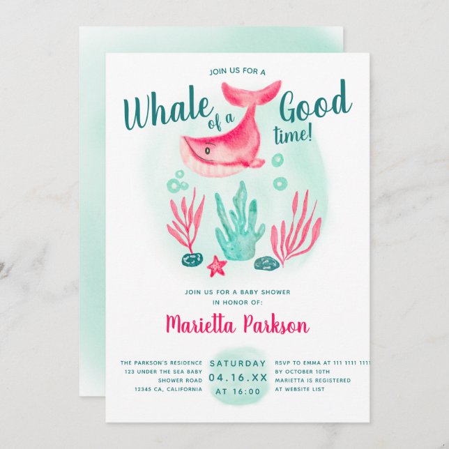 Cute whale under the sea watercolor baby shower invitation (Front/Back)