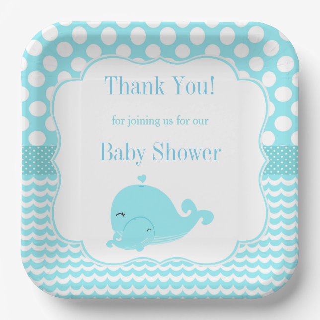 Cute Whale with Baby Blue Boy Baby Shower Paper Paper Plate (Front)