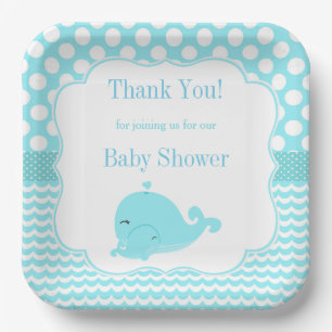 Cute Whale with Baby Blue Boy Baby Shower Paper Plate