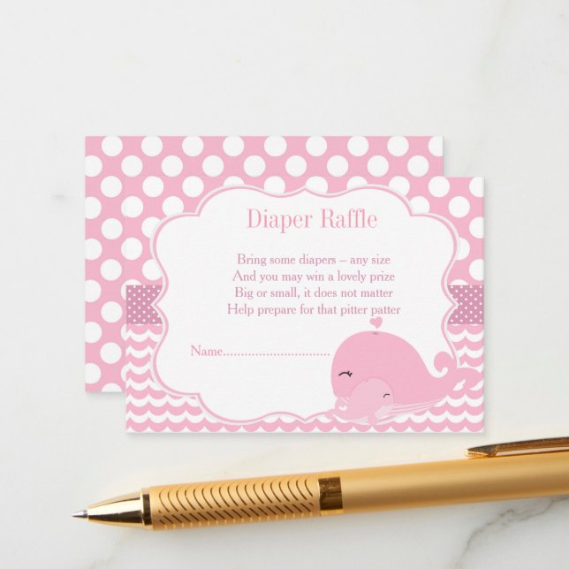 Cute Whale with Baby Pink Girl Baby Diaper Raffle Enclosure Card (Front/Back In Situ)