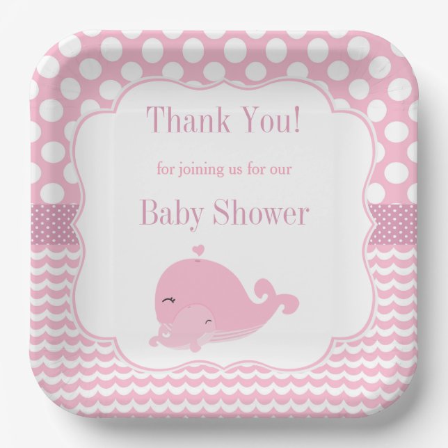 Cute Whale with Baby Pink Girl Baby Shower Paper Paper Plate (Front)