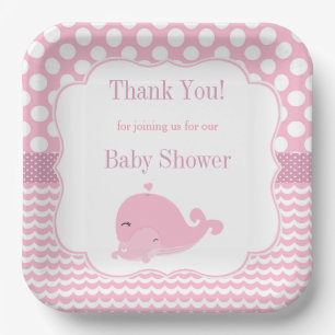 Cute Whale with Baby Pink Girl Baby Shower Paper Plate