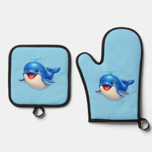 Cute Whale with Big Eyes Happy Ocean Animal Illust Oven Mitt & Pot Holder Set