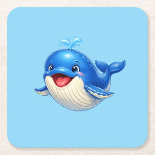 Cute Whale with Big Eyes Happy Ocean Animal Illust Square Paper Coaster
