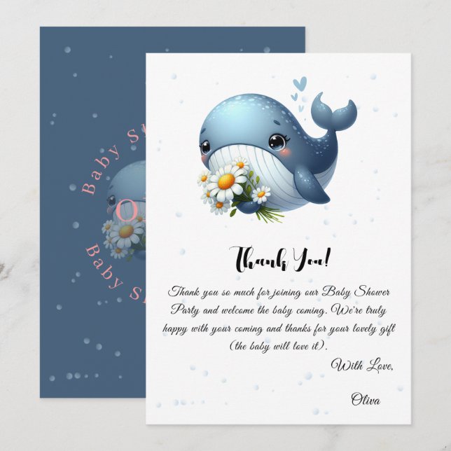Cute Whale with Daisy Baby Shower Thank You Card (Front/Back)
