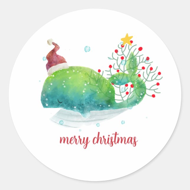 Cute Whale with Santa Hat Christmas Tree Classic Round Sticker (Front)