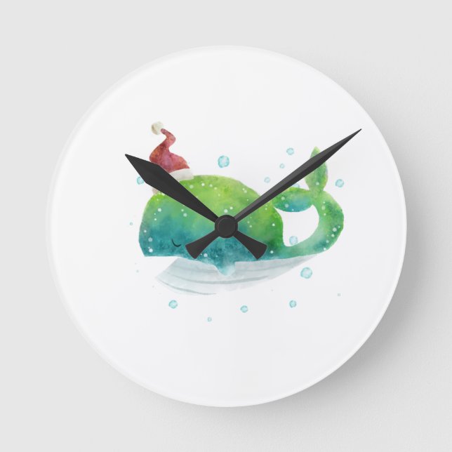 Cute Whale with Santa Hat Round Clock (Front)