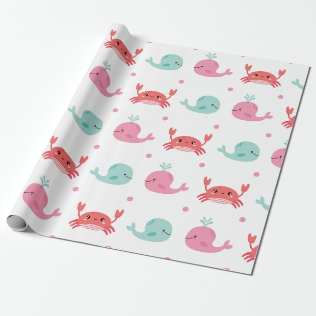 Cute Whales and Crabs Pattern Wrapping Paper (Unrolled)