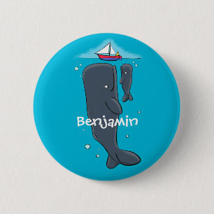 Cute whales and sailing boat cartoon illustration 6 cm round badge