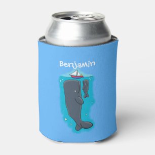 Cute whales and sailing boat cartoon illustration can cooler