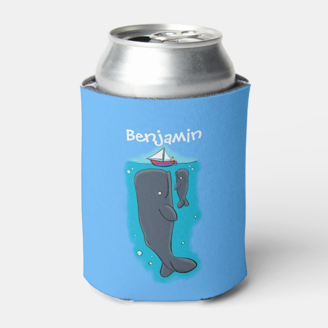 Cute whales and sailing boat cartoon illustration can cooler (Can Front)