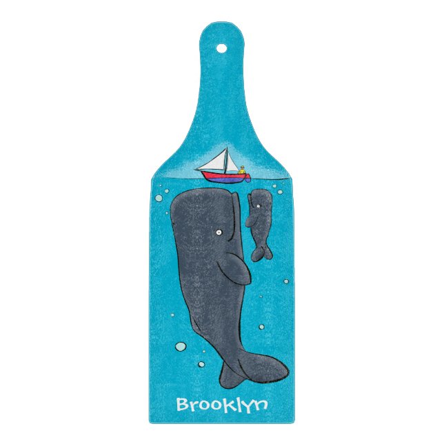 Cute whales and sailing boat cartoon illustration cutting board (Front)
