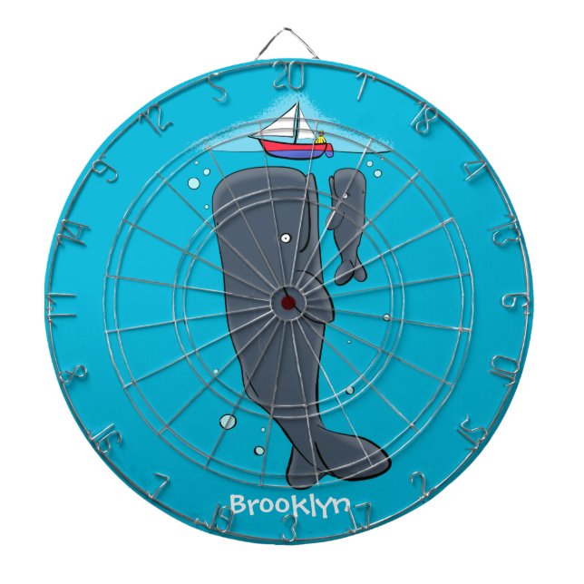 Cute whales and sailing boat cartoon illustration dartboard (Front)
