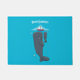 Cute whales and sailing boat cartoon illustration doormat
